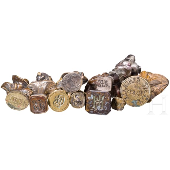 Nine bronze desk seals with Art Nouveau female figures, probably France and Central Europe, circa 1900