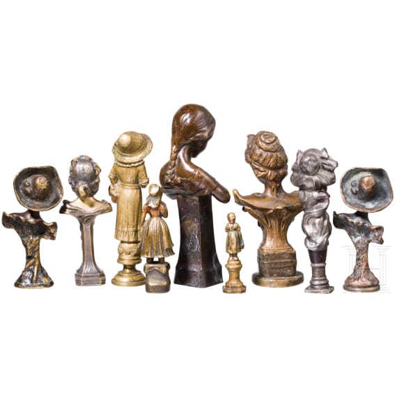 Nine bronze desk seals with Art Nouveau female figures, probably France and Central Europe, circa 1900