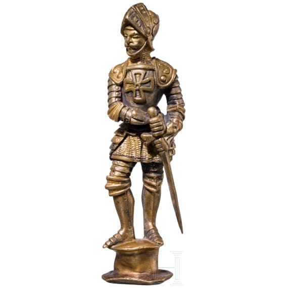 A gilt brass seal stamp with knight figure, probably Germany, circa 1900