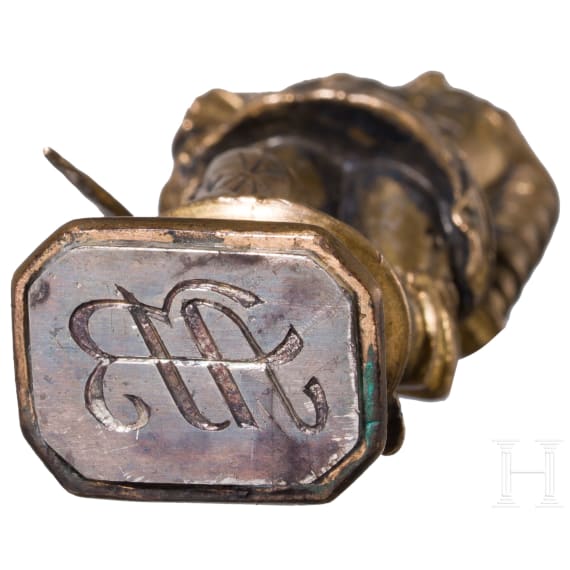 A gilt brass seal stamp with knight figure, probably Germany, circa 1900