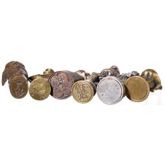 A collection of seal stamps, probably Europe, circa 1900&ndash;1930, brass, partly silver-plated