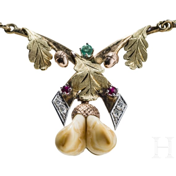 A 14-carat gold and red stag grandel jewellery set comprising earrings, brooch, ring, bracelet and necklace