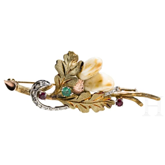 A 14-carat gold and red stag grandel jewellery set comprising earrings, brooch, ring, bracelet and necklace