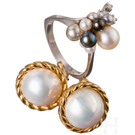 A pair of 18ct gold and pearl earrings and a 14ct gold ring