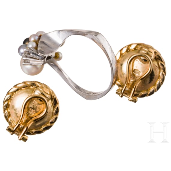 A pair of 18ct gold and pearl earrings and a 14ct gold ring