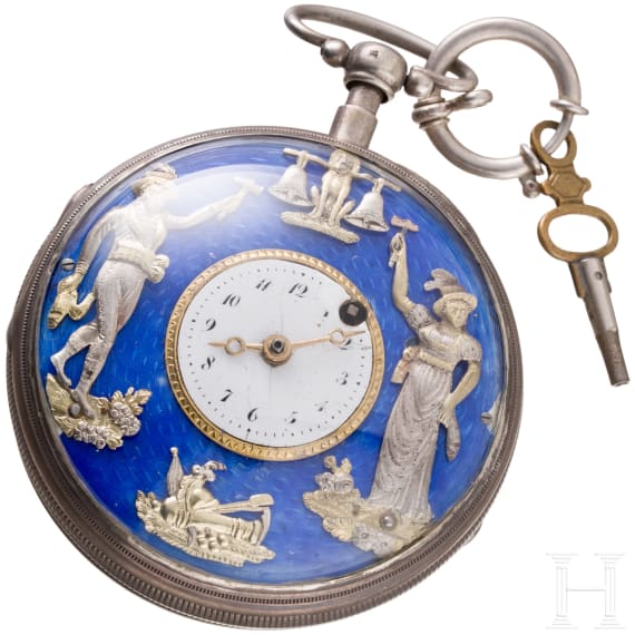 A silver-guilloch&eacute; enamel and brass pocket watch, France, 19th century