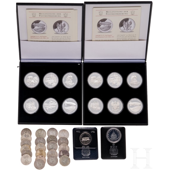 Two medal sets "Meilensteine der Postbef&ouml;rderung"; 22 "5 Deutsche Marke 1951-1974; two Canada Dollar -commerative coins "100 years Libary of Parliamanet 1876-1976" and "100 years Prince Edwars Island, 1873-1973"
