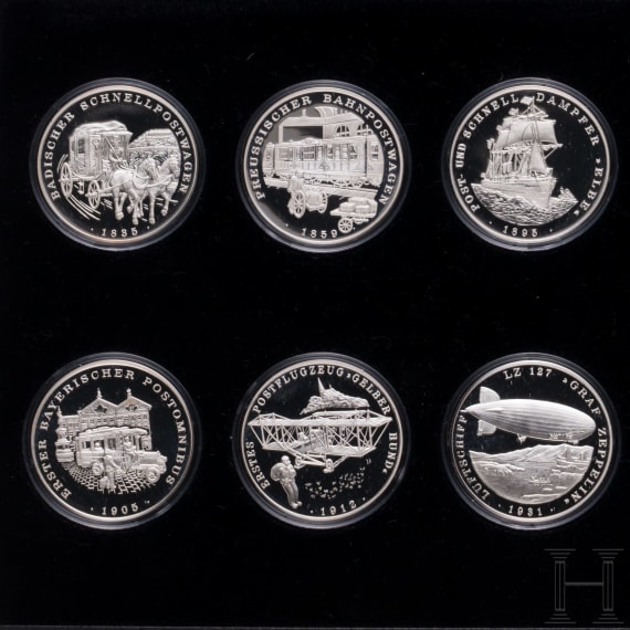 Two medal sets "Meilensteine der Postbef&ouml;rderung"; 22 "5 Deutsche Marke 1951-1974; two Canada Dollar -commerative coins "100 years Libary of Parliamanet 1876-1976" and "100 years Prince Edwars Island, 1873-1973"