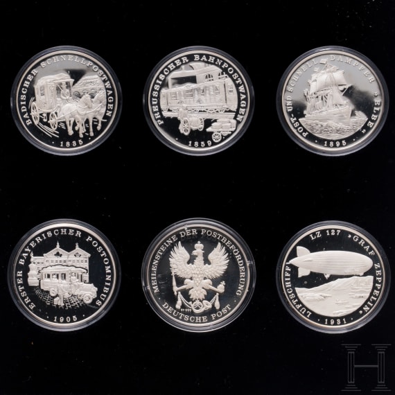 Two medal sets "Meilensteine der Postbef&ouml;rderung"; 22 "5 Deutsche Marke 1951-1974; two Canada Dollar -commerative coins "100 years Libary of Parliamanet 1876-1976" and "100 years Prince Edwars Island, 1873-1973"
