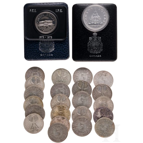Two medal sets "Meilensteine der Postbef&ouml;rderung"; 22 "5 Deutsche Marke 1951-1974; two Canada Dollar -commerative coins "100 years Libary of Parliamanet 1876-1976" and "100 years Prince Edwars Island, 1873-1973"