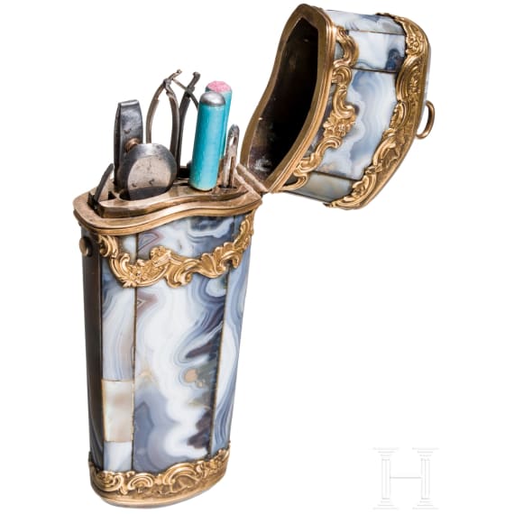 A French gold-mounted agate stone travel n&eacute;cessaire, early 19th century