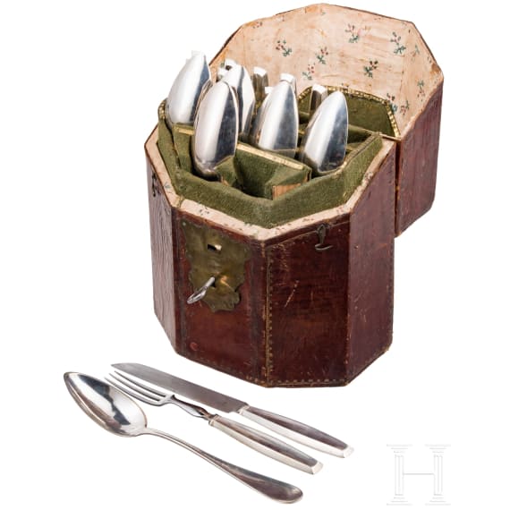 A silver travelling cutlery with case, Augsburg, Franz Carl Schmedding (Master 1838-1872), 1855 (one spoon Berlin, circa 1800)