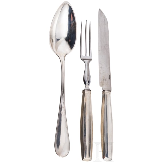 A silver travelling cutlery with case, Augsburg, Franz Carl Schmedding (Master 1838-1872), 1855 (one spoon Berlin, circa 1800)