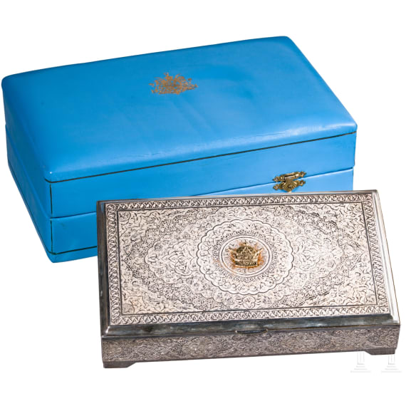 A Persian silver casket as a gift from Mohammad Reza Pahlavi (1941-1779 Shah of Iran) to extrem mountaineer Wolfgang Groter