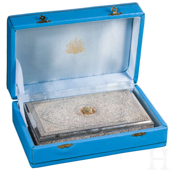 A Persian silver casket as a gift from Mohammad Reza Pahlavi (1941-1779 Shah of Iran) to extrem mountaineer Wolfgang Groter