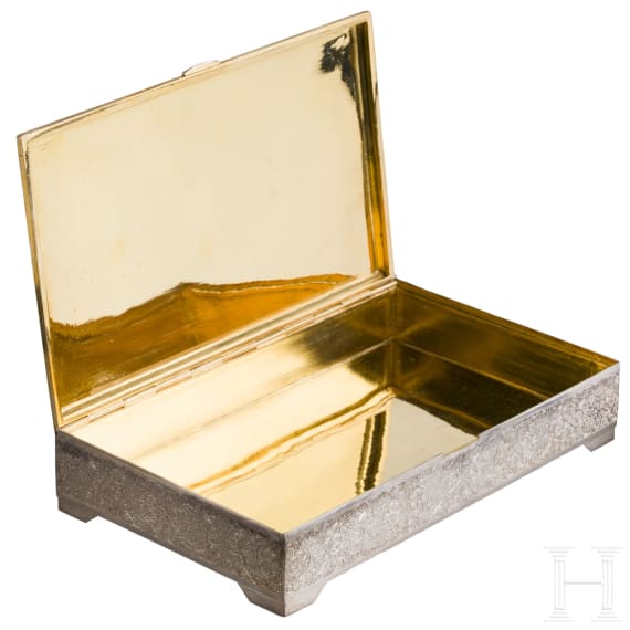 A Persian silver casket as a gift from Mohammad Reza Pahlavi (1941-1779 Shah of Iran) to extrem mountaineer Wolfgang Groter