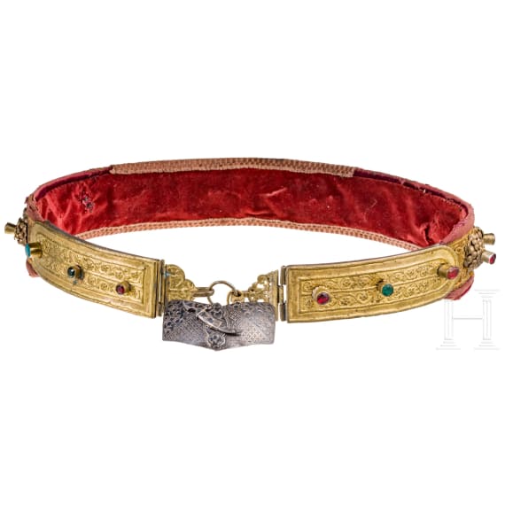 A traditional Transylvanian belt, 19th century and a silver- and niello buckle-belt, Russia, Tula, 1896-1908