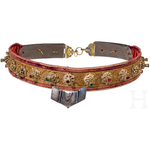 A traditional Transylvanian belt, 19th century and a silver- and niello buckle-belt, Russia, Tula, 1896-1908