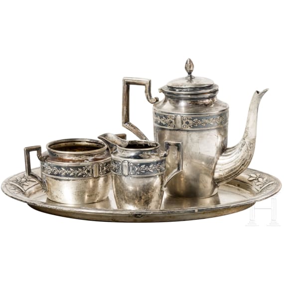 A four piece silver mocha coffee set "50 j&auml;hrige Jubelfeier der Sch&uuml;tzengilde Briesen", German, circa 1910
