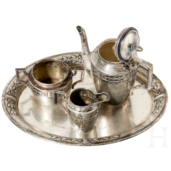 A four piece silver mocha coffee set "50 j&auml;hrige Jubelfeier der Sch&uuml;tzengilde Briesen", German, circa 1910