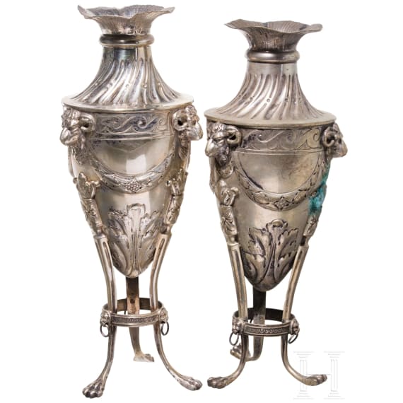 Two silver vases with rams, Hanau, J.D. Schleissner and Sons,19th century