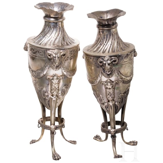 Two silver vases with rams, Hanau, J.D. Schleissner and Sons,19th century