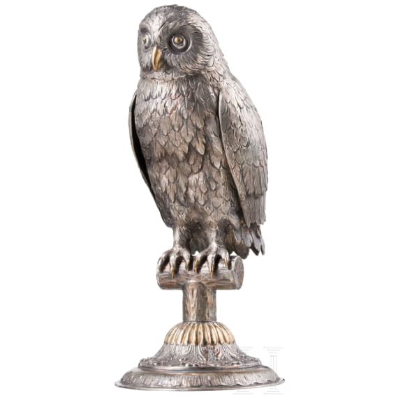 A large German partially gilt silver owl &bdquo;drinking game", Schw&auml;bisch Gm&uuml;nd, Hugo B&ouml;hm, circa 1900