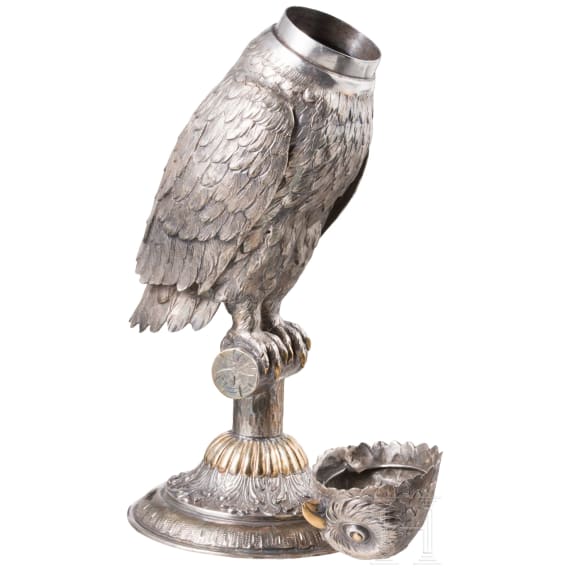 A large German partially gilt silver owl &bdquo;drinking game", Schw&auml;bisch Gm&uuml;nd, Hugo B&ouml;hm, circa 1900