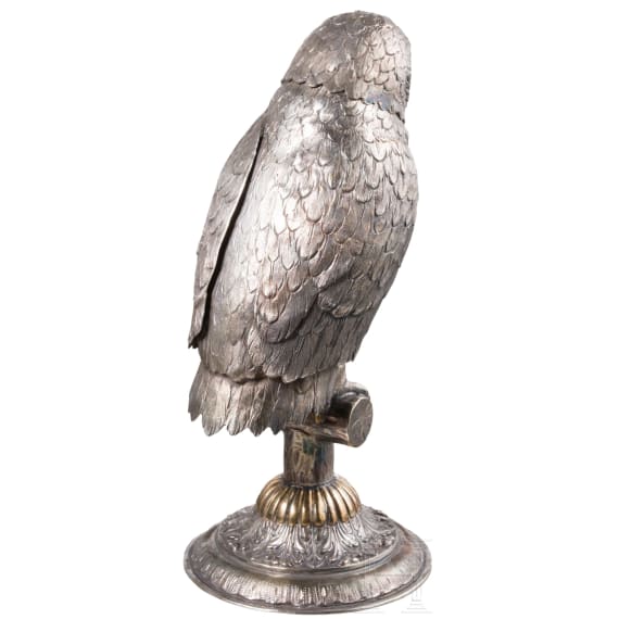 A large German partially gilt silver owl &bdquo;drinking game", Schw&auml;bisch Gm&uuml;nd, Hugo B&ouml;hm, circa 1900
