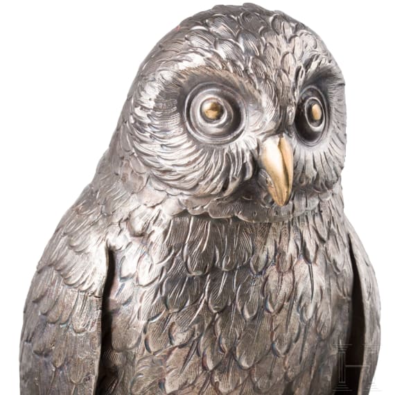 A large German partially gilt silver owl &bdquo;drinking game", Schw&auml;bisch Gm&uuml;nd, Hugo B&ouml;hm, circa 1900