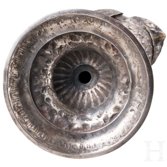 A large German partially gilt silver owl &bdquo;drinking game", Schw&auml;bisch Gm&uuml;nd, Hugo B&ouml;hm, circa 1900
