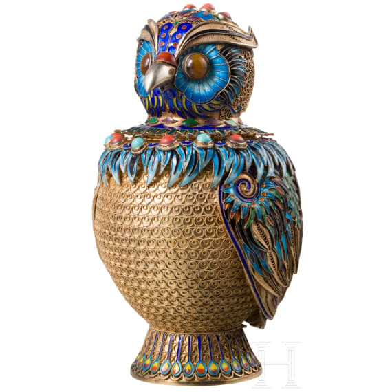 An unusual German silver-gilt and enamel owl-shaped lidded box, circa 1920