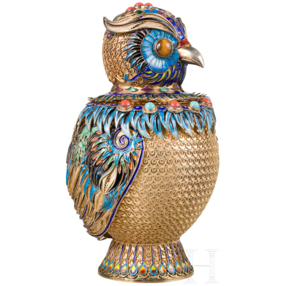An unusual German silver-gilt and enamel owl-shaped lidded box, circa 1920
