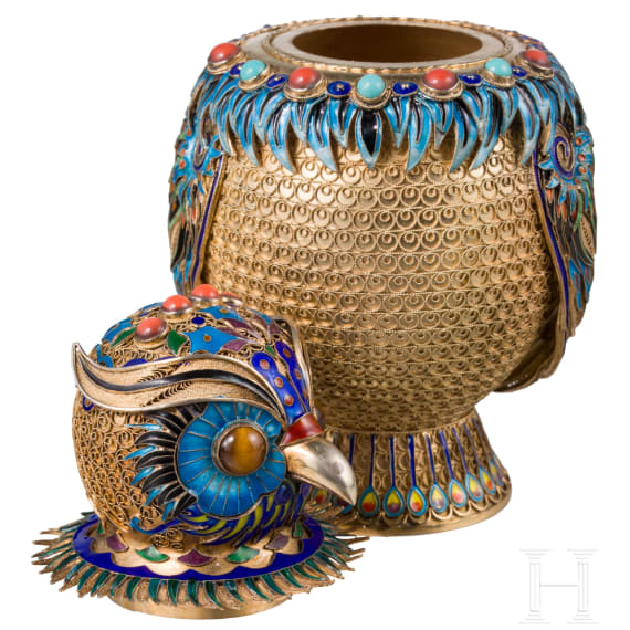 An unusual German silver-gilt and enamel owl-shaped lidded box, circa 1920