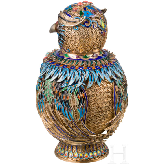 An unusual German silver-gilt and enamel owl-shaped lidded box, circa 1920