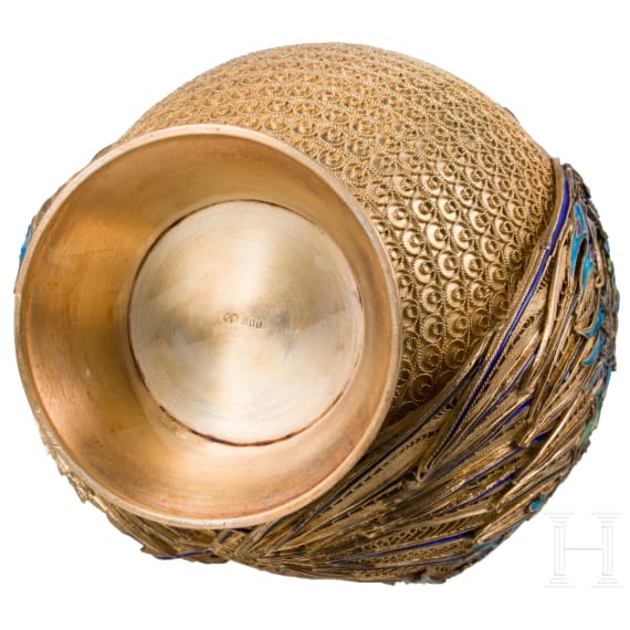 An unusual German silver-gilt and enamel owl-shaped lidded box, circa 1920
