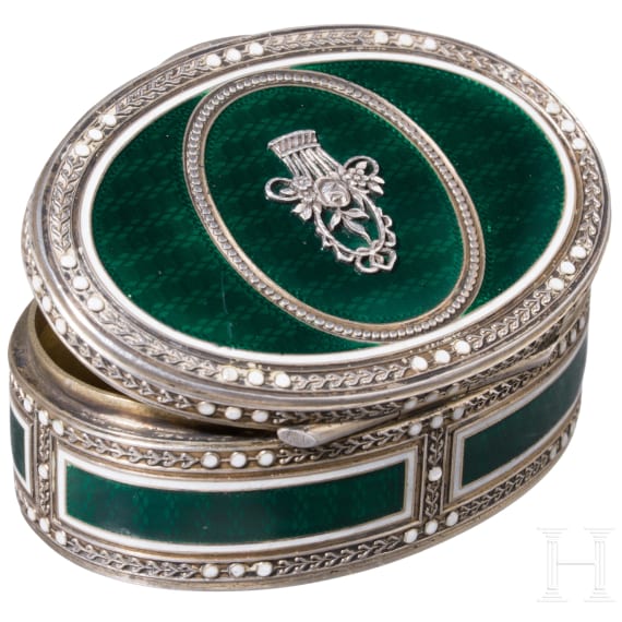 A silver and guilloch&eacute;-enamel tabacco box with case, probably Austiran, circa 1900