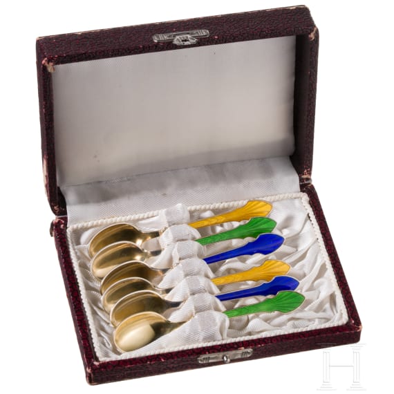 Six silver and guilloch&eacute; enamel tea spoons, Denmark, Meka Sterling