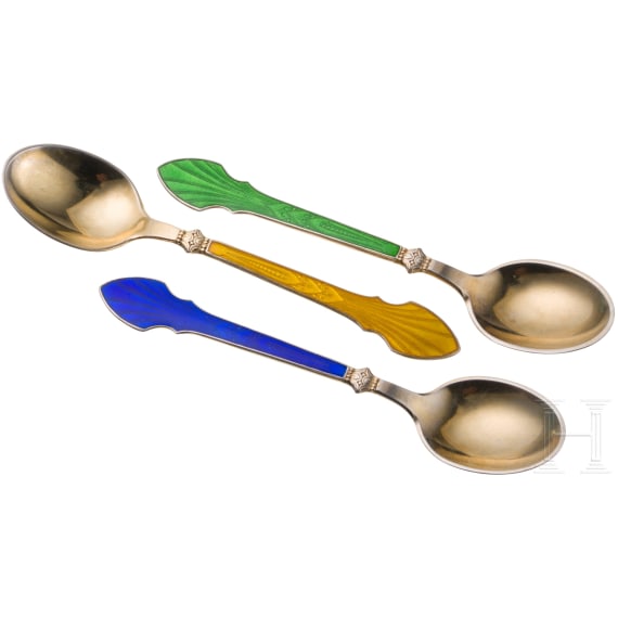 Six silver and guilloch&eacute; enamel tea spoons, Denmark, Meka Sterling