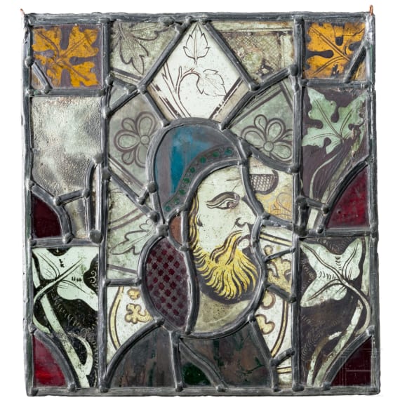 Gotische Bleiverglasung (Teil eines Kirchenfensters) mit b&auml;rtigem Mann, England, wohl 14. Jhdt.
