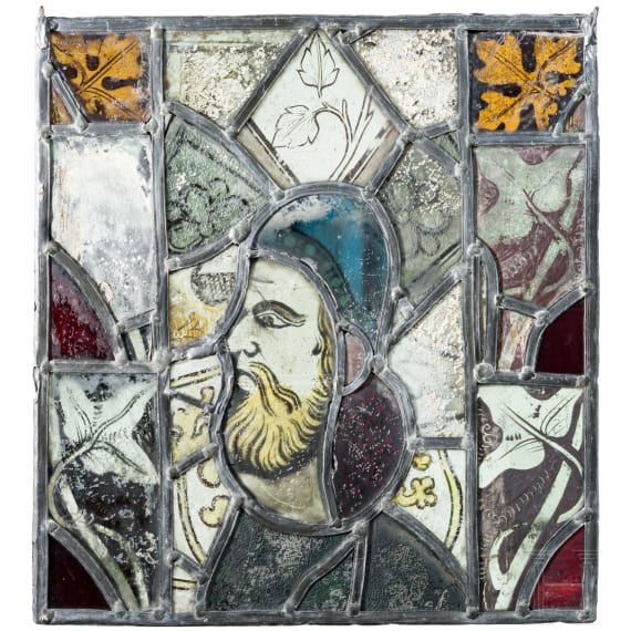 Gotische Bleiverglasung (Teil eines Kirchenfensters) mit b&auml;rtigem Mann, England, wohl 14. Jhdt.