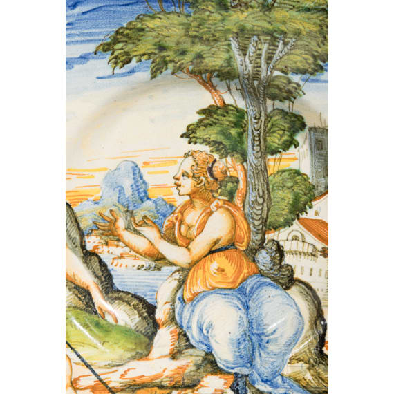 Majolika-Teller "Das Treffen von Tamar und Juda", Urbino, Italien, 2. H&auml;lfte 16. Jhdt.
