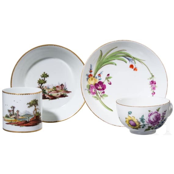Zwei Porzellantassen mit Untertassen, Meissen, um 1790 /Niderviller, Graf von Custine, 1770-93