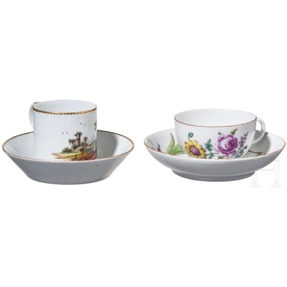 Zwei Porzellantassen mit Untertassen, Meissen, um 1790 /Niderviller, Graf von Custine, 1770-93