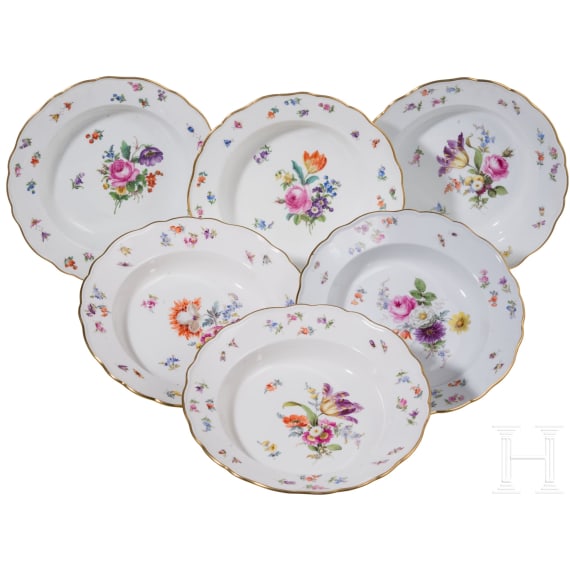Sechs Suppenteller mit Blumen und Insekten, Meissen, um 1840/50