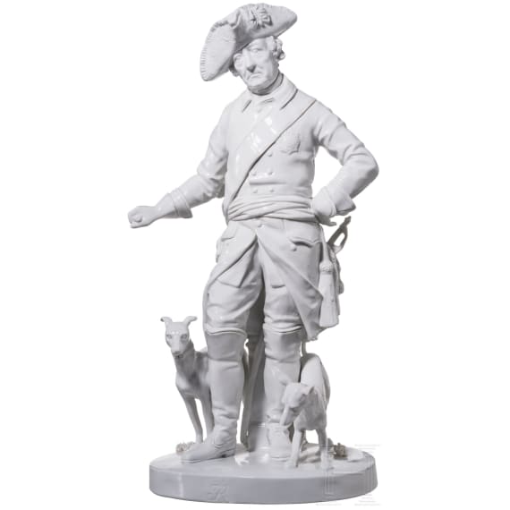 Porzellanfigur &bdquo;Alter Fritz mit Windhunden", Hugo Meisel (Entwurf), Aelteste Volkstedter Porzellanmanufaktur, nach 1915