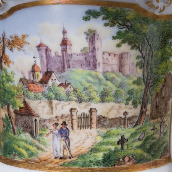 Ansichtentasse Ordenspalais (Prinz-Karl-Palais) , Untertasse, KPM, 1837-47/ Tasse, Meissen, um 1810