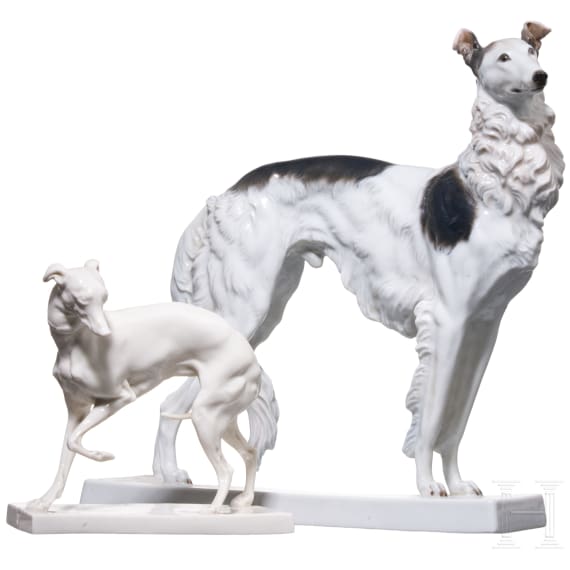 A porcelain Barzoi (Russian Sighthound) and a Sighthound, MH Fritz, Rosenthal Kunstabteilung Selb, 1938 / Nymphenburg, 20th century