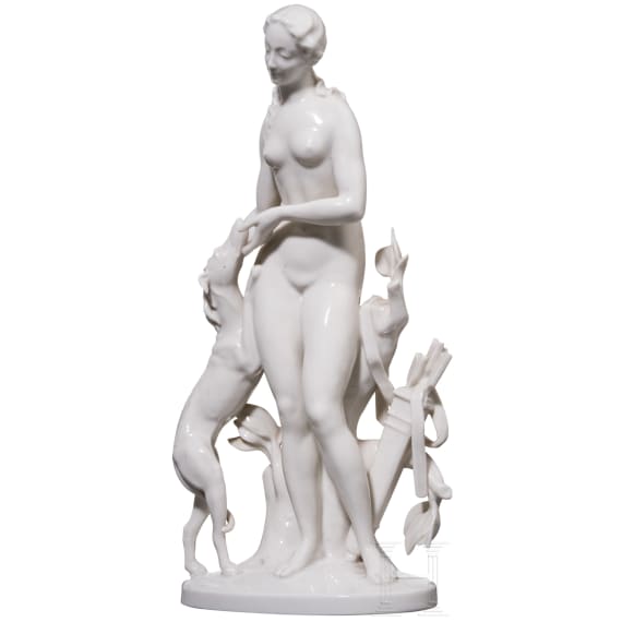 A porcelain figure "Diana with dog", Hugo Meisel (design), Schwarzburger Werkst&auml;tten, circa 1936