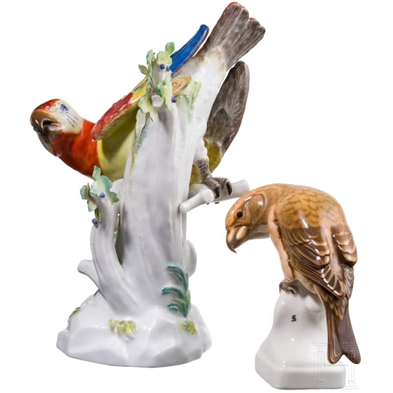 A porcelain parrot and a crossbill, J. J. Kaendler, 1740 (design), Meissen / Theodor K&auml;rner (design), Nymphenburg, 2nd half of the 20th century (finish both figures)